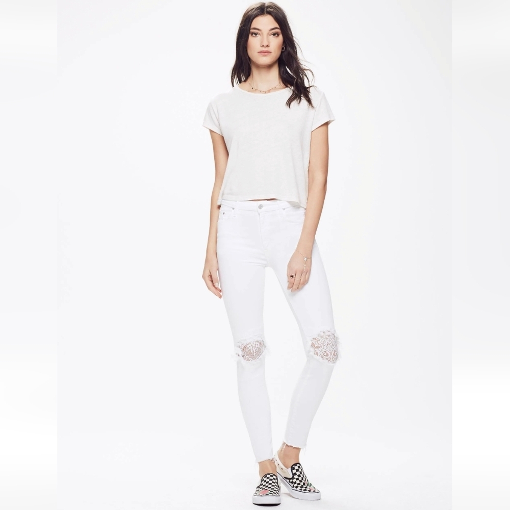 MOTHER The Looker Ankle Fray Jeans White Little Miss Lacey High Waist Ankle